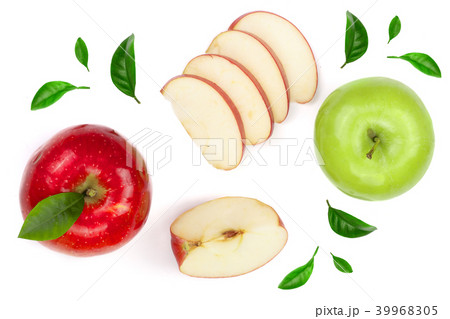 red and green apples with slices and leaves isolated on white background top view. Set or collection red and green apples with slices and leaves isolated on white background top view. Set or collection 39968305