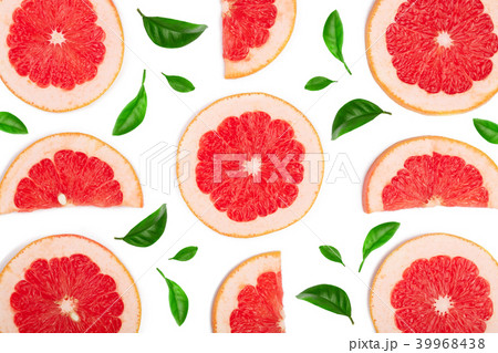 Grapefruit slices decorated with green leaves isolated on white background. Top view. Flat lay Grapefruit slices decorated with green leaves isolated on white background. Top view. Flat lay 39968438