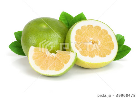 Citrus Sweetie or Pomelit, oroblanco with slices and leaf isolated on white background close-up Citrus Sweetie or Pomelit, oroblanco with slices and leaf isolated on white background close-up 39968478