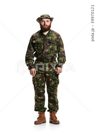 Young army soldier wearing camouflage uniform isolated on white 39970121