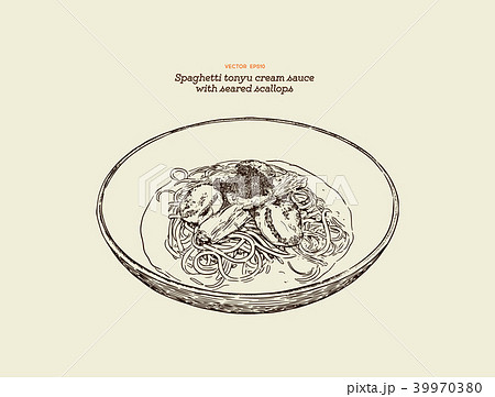 Spaghetti Cream Sauce with Seared Scallops. vector 39970380