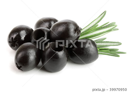 whole black olives with rosemary leaf isolated on white background macro 39970950