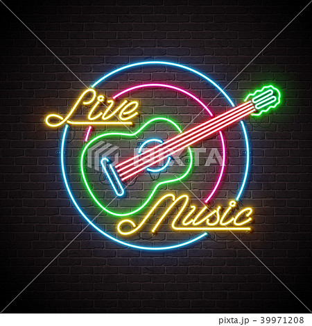 live music neon sign with guitar and letter on brick wall background