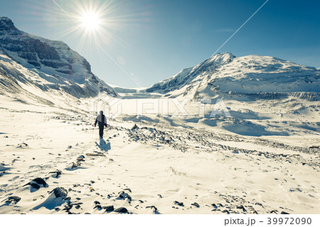 Young man hiking at Athabasca Glacier Young man hiking at Athabasca Glacier 39972090