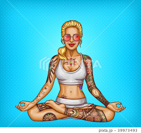 Vector Pop Art Tattooed Girl Doing Yogaのイラスト素材