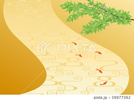 和背景-金地に青紅葉と金魚（よこ）1 39977362