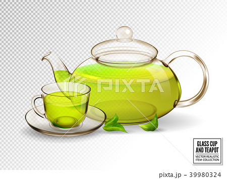 Composition of a glass cup and tea pot with green 39980324