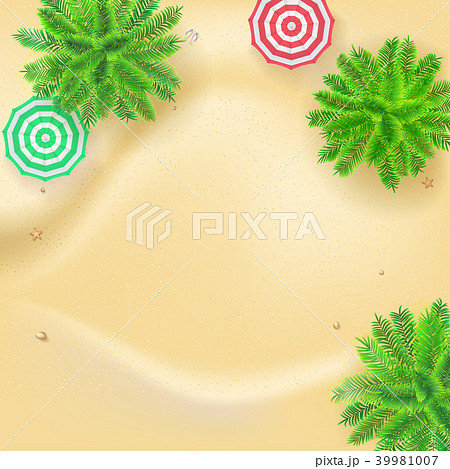 Palm trees, sun umbrellas on seashore, 3D 39981007
