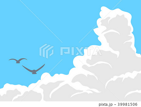 入道雲と羽ばたく鳥のイラスト素材