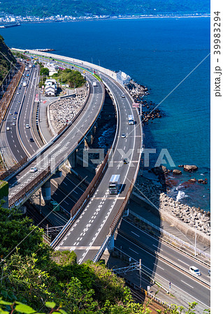 静岡県 海沿いの東名高速と国道の写真素材