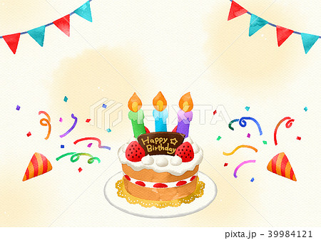 バースデーカード(水彩)-文字なし-紙背景-3ろうそく-2色旗 39984121