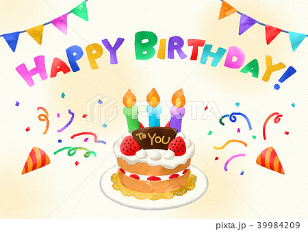 バースデーカード(水彩)-7色文字-紙背景-3ろうそく-toYou 39984209