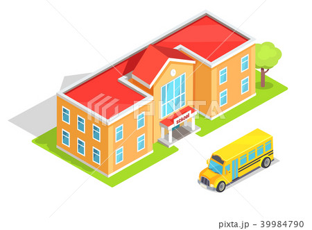 School Orange Two-Storey School and Yellow Bus School Orange Two-Storey School and Yellow Bus 39984790