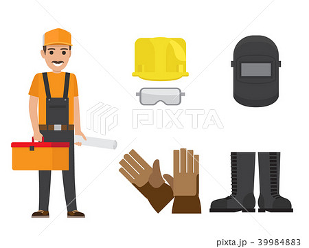 Builder with Toolbox, Plan and Protective Clothing Builder with Toolbox, Plan and Protective Clothing 39984883