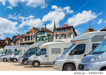Close up motorhomes parked in a row Close up motorhomes parked in a row 39985485