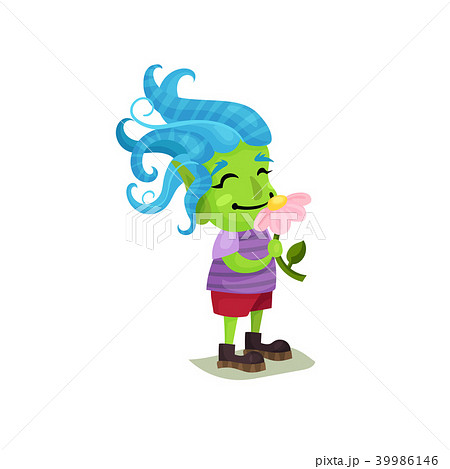 Cute girl troll with blue hair and green skin sniffing a pink flower, funny fairy tale character Cute girl troll with blue hair and green skin sniffing a pink flower, funny fairy tale character 39986146