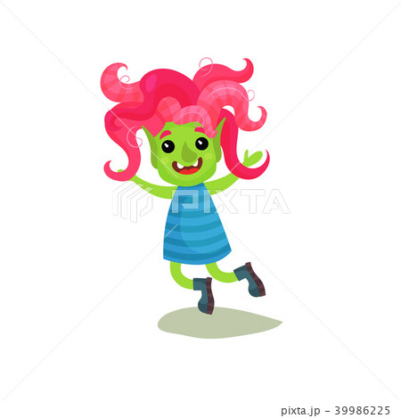 Sweet happy girl troll with pink hair and green skin having fun, funny fairy tale character vector 39986225