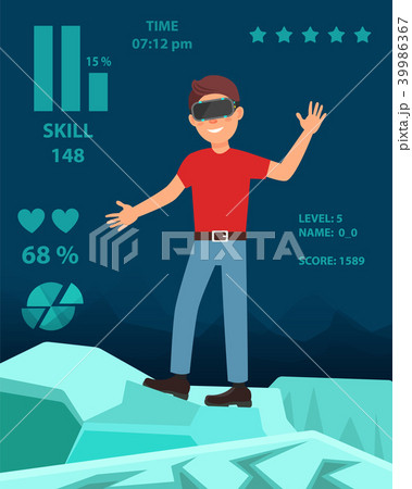 Young man playing video game in virtual reality headset, person enjoying VR headset effects vector 39986367