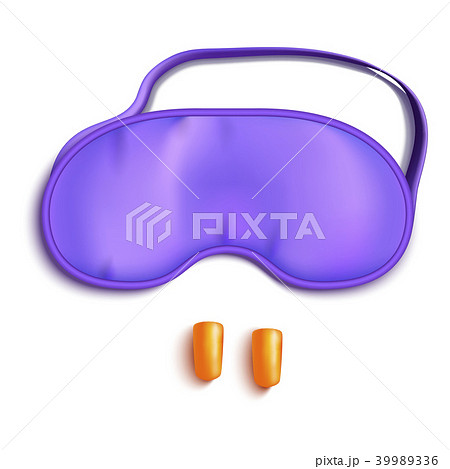 Realistic Detailed 3d Purple Sleeping Mask and Pair of Foam Earplugs. Vector 39989336