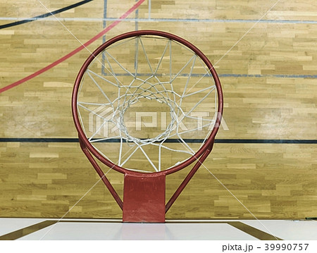 Basketball hoop in sports hall. Look down, net 39990757