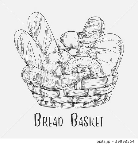 Sketch of pastry and bakery, bread in basket 39993554