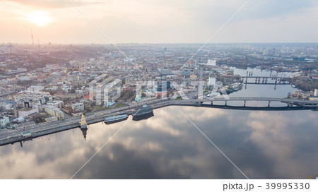 Aerial top view of Dnepr river and Podol district from above, Kiev (Kyiv) city, Ukraine 39995330