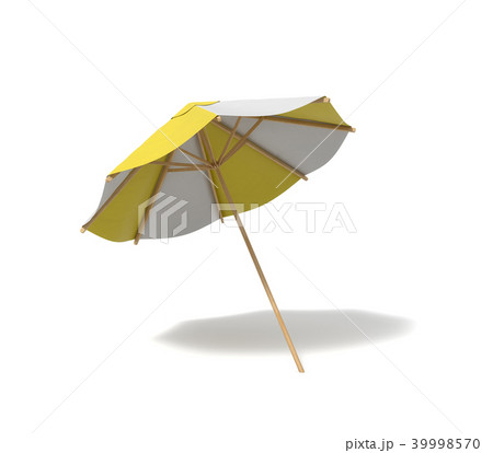 3d rendering of an isolated beach umbrella with white and yellow stripes on white background. 39998570
