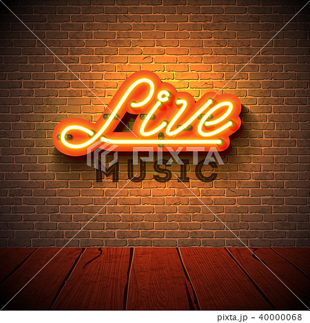 live music neon sign with 3d signboard letter on brick wall