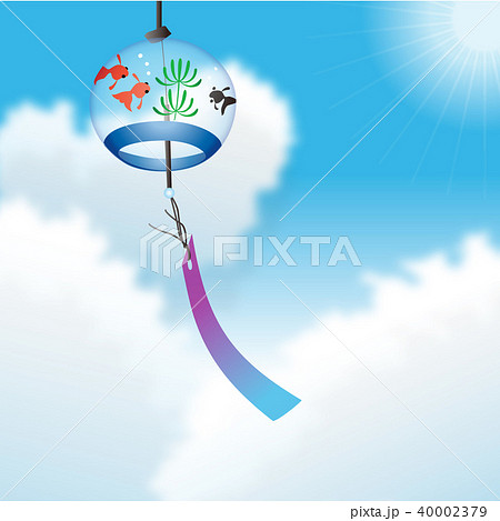 真夏の青空に映える金魚模様の江戸風鈴のイラスト素材