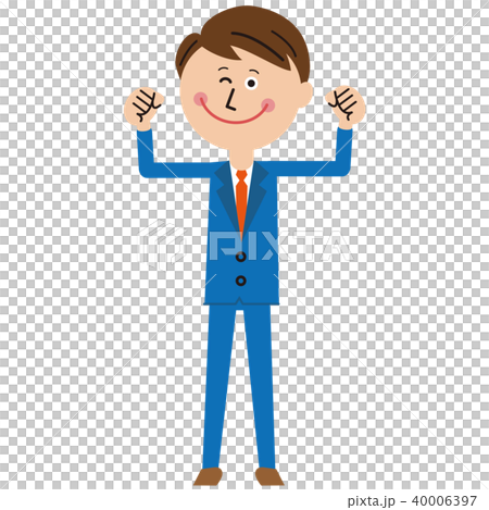 Salaryman in a pop blue suit Two-handed holding guts pose 40006397
