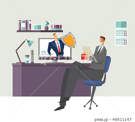 Man in office reading document with shielded man protecting his computer. Protecting your personal 40011147