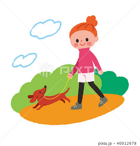 犬と公園を散歩する女性 のイラスト素材