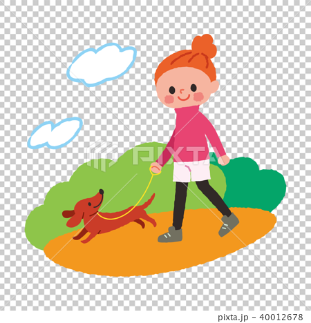 犬と公園を散歩する女性 のイラスト素材