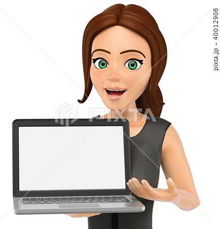 3D Business woman showing a blank screen laptop 3D Business woman showing a blank screen laptop 40012906