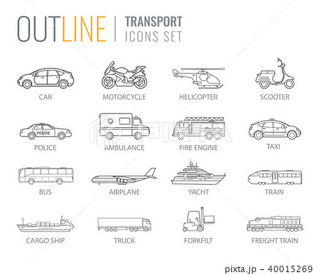 Transportation icons set. City cars and vehicles transport. Car, ship, airplane, train, motorcycle 40015269