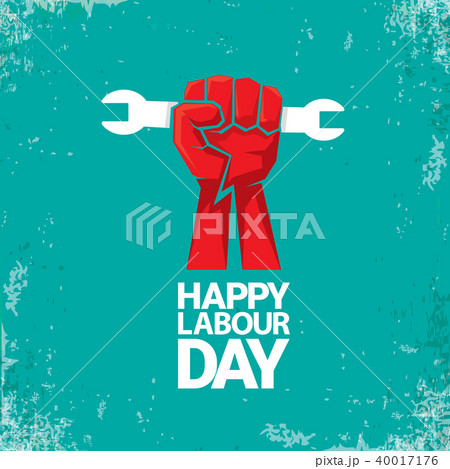 1 may Happy labour day vector label with strong red fist on torquise background . labor day 1 may Happy labour day vector label with strong red fist on torquise background . labor day 40017176