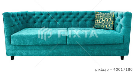 Turquoise velor sofa with pillow. Soft emerald couch. Isolated background. 40017180