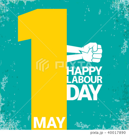 1 may Happy labour day vector label with strong red fist on torquise background . labor day 40017890