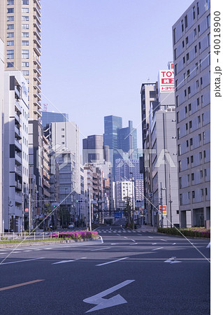 東京の街並み 車の通らない早朝の写真素材