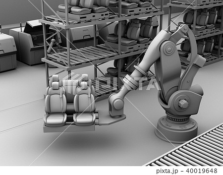 ラックからクルマシートをコンベアに運ぶ大型産業ロボットのクレイシェーディングイメージ 40019648