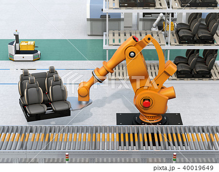 ラックからクルマシートをコンベアに運ぶ大型産業ロボット。スマート工場のコンセプト ラックからクルマシートをコンベアに運ぶ大型産業ロボット。スマート工場のコンセプト 40019649