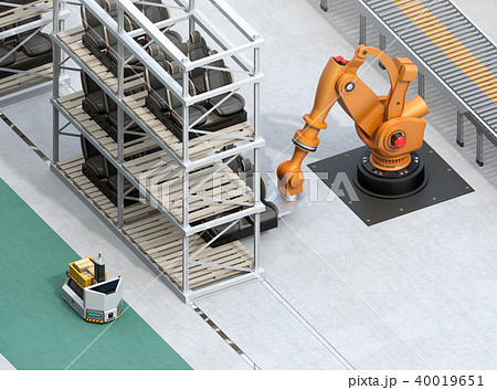 ラックからクルマシートをコンベアに運ぶ大型産業ロボット。スマート工場のコンセプト 40019651