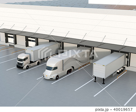 物流センタートラックターミナルの屋上にソーラーパネルが設置されている 環境配慮型物流センターのイラスト素材