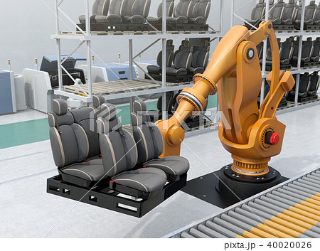 クルマシートをアセンブリラインに運んでいる大型産業ロボットのイメージ スマート工場コンセプトのイラスト素材
