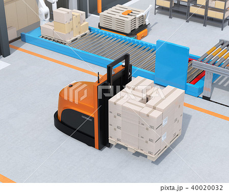 物流センターに梱包パレットを運搬するバッテリー式自動運転フォークリフト車のイメージのイラスト素材