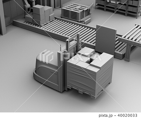 物流センターに梱包パレットを運搬するバッテリー式自動運転フォークリフトのクレイシェーディングイメージのイラスト素材