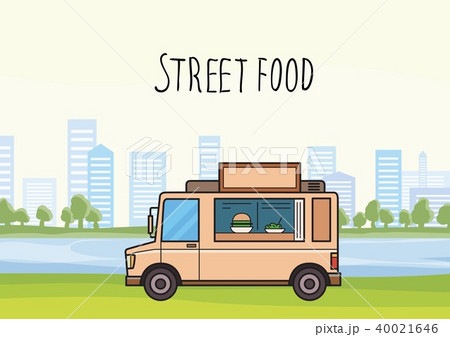 Beige street-food truck on cityscape background with trees and skyscrapers. Car selling burgers and Beige street-food truck on cityscape background with trees and skyscrapers. Car selling burgers and 40021646