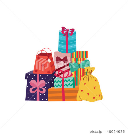 Vector cartoon present gift box ribbon bow pile Vector cartoon present gift box ribbon bow pile 40024026