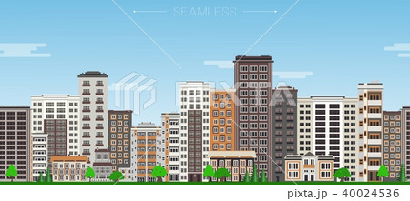 City skyline seamless border pattern with high-rise houses and green trees. 40024536
