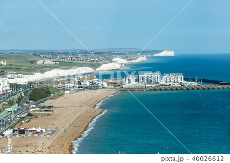 Aerial view of sunny summer Brighton, coastline, Seven Sisters on the horizon Aerial view of sunny summer Brighton, coastline, Seven Sisters on the horizon 40026612